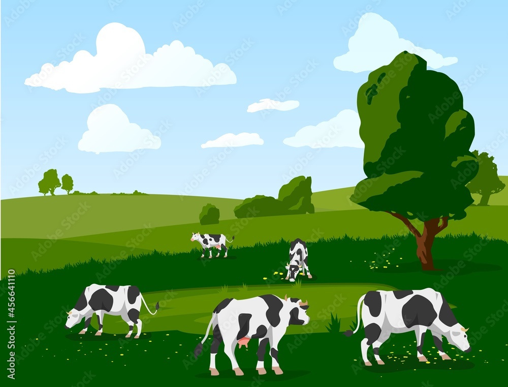 Vector banner with herd of spotted cows grazing on green meadow.