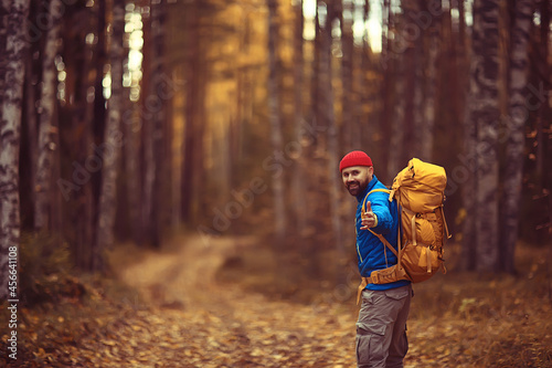 tourist in the autumn forest on a forest road, an adventure in the October forest, one man autumn landscape hiking