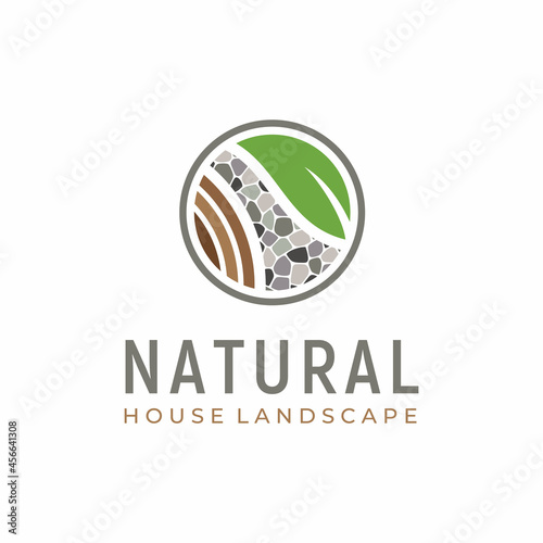 Natural Gravel Rock Stone Street with Green Plant Leaf and Wooden Trunk Wood for Nature Rural Landscape logo design