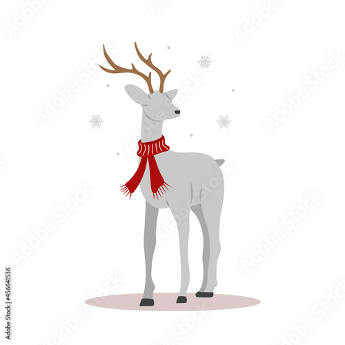 Christmas reindeer in scarf. Cute deer with antlers. Winter design element. Vector illustration in flat cartoon style.