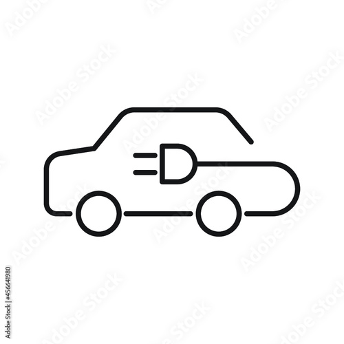 Electric car icon. Electrical automobile cable contour and plug charging black symbol. Eco friendly electro auto vehicle concept