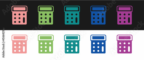 Set Calculator icon isolated on black and white background. Accounting symbol. Business calculations mathematics education and finance. Vector