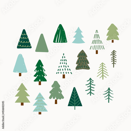 Christmas tree illustration set, Vector hand drawn elements