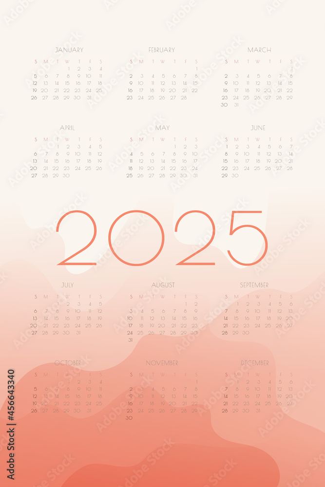 2025 calendar with coral gradient shapes