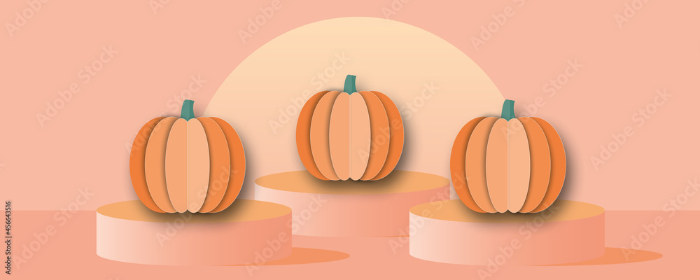 Happy Halloween with pumpkin on pastel podium background, Halloween illustration for web, poster, flyers, ad, promotions, blogs, social media, marketing, greeting card, copy space, paper cut style.