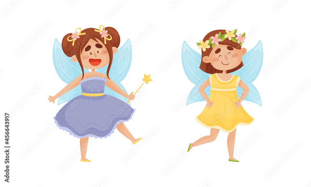 Cute Fairy or Pixie with Etherial Wings and Magic Wand Vector Set Cute Fairy or Pixie with Etherial Wings and Magic Wand Vector Set
