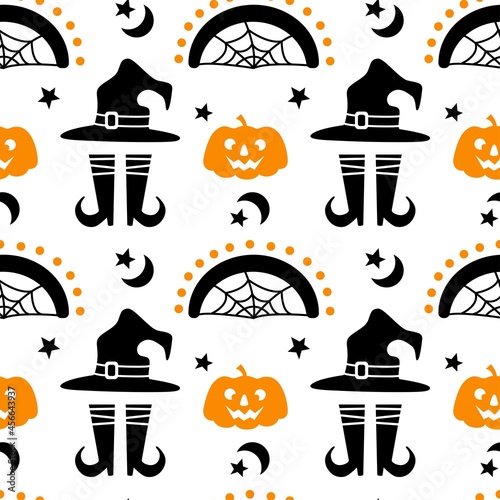 Halloween seamless pattern with pumpkin, rainbow, hat, legs, moon, star isolated on white background. Vector flat illustration. Design for Halloween backdrop, textile, wrapping, wallpaper