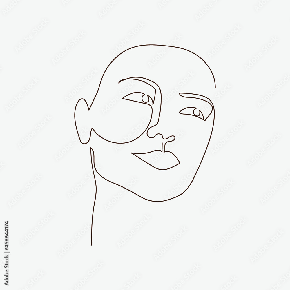 The girl's face is drawn in one line. Minimalistic design for a print, postcard, logo, poster. Vector The girl's face is drawn in one line. Minimalistic design for a print, postcard, logo, poster. Vector
