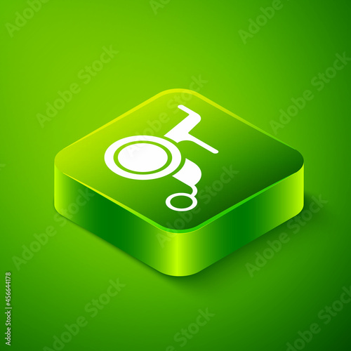 Isometric Wheelchair for disabled person icon isolated on green background. Green square button. Vector