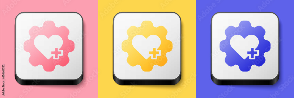 Isometric Heart with a cross icon isolated on pink, yellow and blue background. First aid. Healthcare, medical and pharmacy sign. Square button. Vector Isometric Heart with a cross icon isolated on pink, yellow and blue background. First aid. Healthcare, medical and pharmacy sign. Square button. Vector