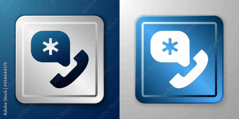 White Telephone with emergency call 911 icon isolated on blue and grey background. Police, ambulance, fire department, call, phone. Silver and blue square button. Vector White Telephone with emergency call 911 icon isolated on blue and grey background. Police, ambulance, fire department, call, phone. Silver and blue square button. Vector