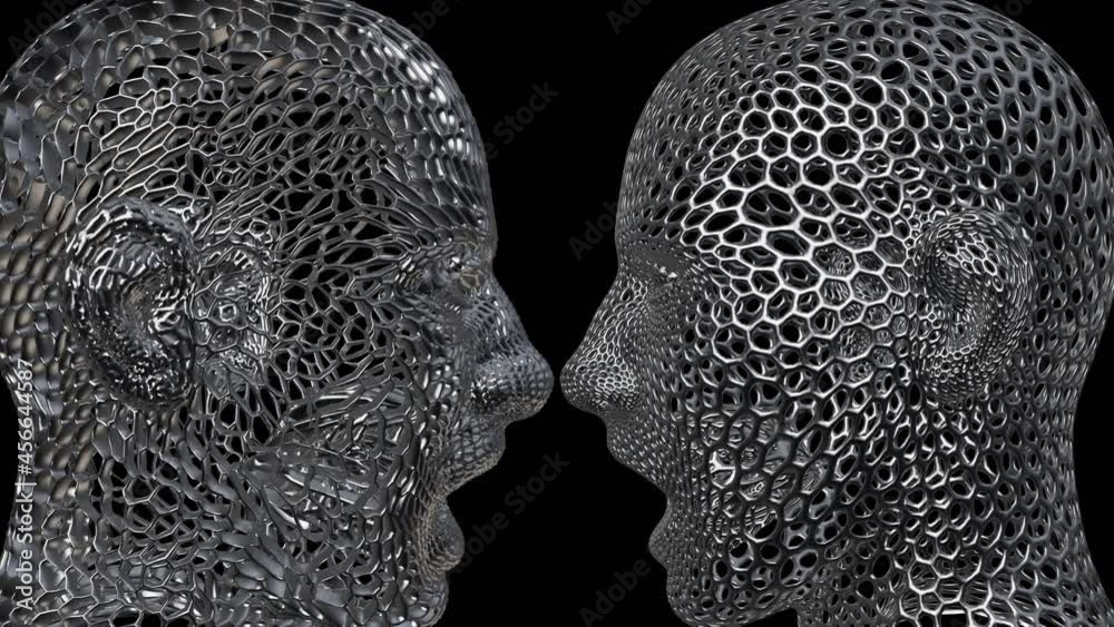 Rotating 3d human heads made of heaxagonal wireframe mesh structures. Black and white alpha matte. 3d animation rendering. 