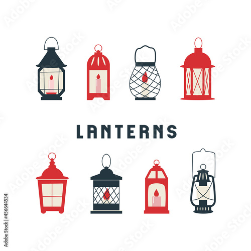 Set of lanterns on white background. Vector flat illustration with hanging night lights