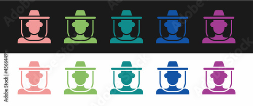 Set Beekeeper with protect hat icon isolated on black and white background. Special protective uniform. Vector