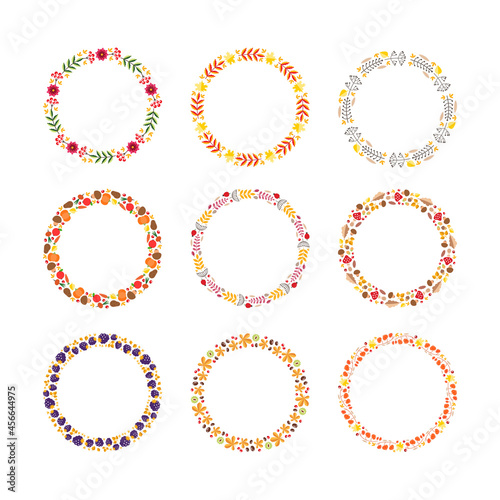 Set of fall wreathes. Collection of autumn circle frames made of autumn leaves, herbs, berries, flowers and vegetables isolated on white background. Can be used for invitations, greeting cards ets.