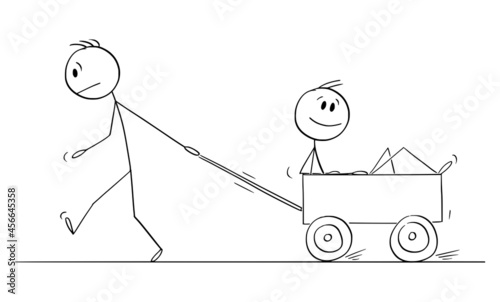 Person or Boy Pulling Another Man in Cart, Vector Cartoon Stick Figure Illustration
