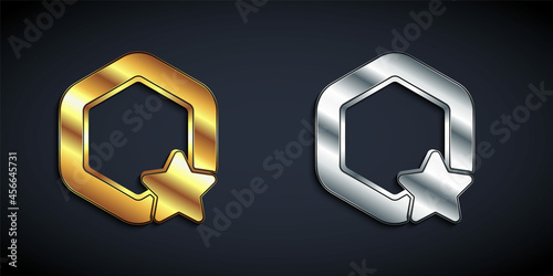 Gold and silver Honeycomb icon isolated on black background. Honey cells symbol. Sweet natural food. Long shadow style. Vector