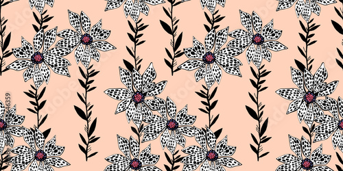 Tiger lilies in naive style. Lily flower natural seamless pattern in minimalism aesthetic, modern background.