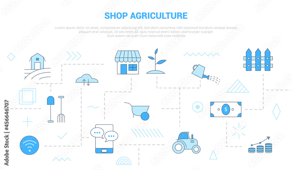shop agriculture concept with scattered and interconnected icons with blue color