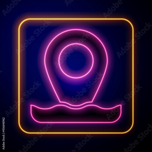 Glowing neon Location fishing icon isolated on black background. Fishing place. Vector