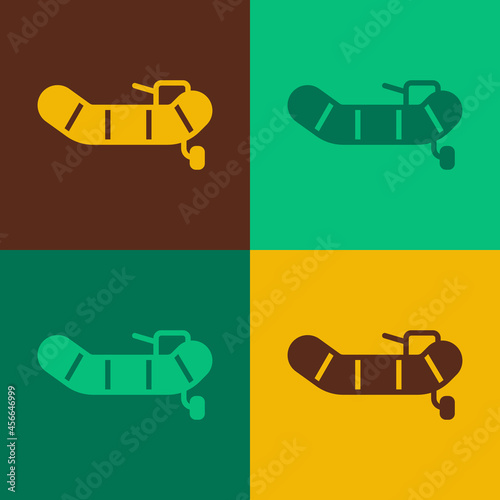 Pop art Inflatable boat with outboard motor icon isolated on color background. Vector