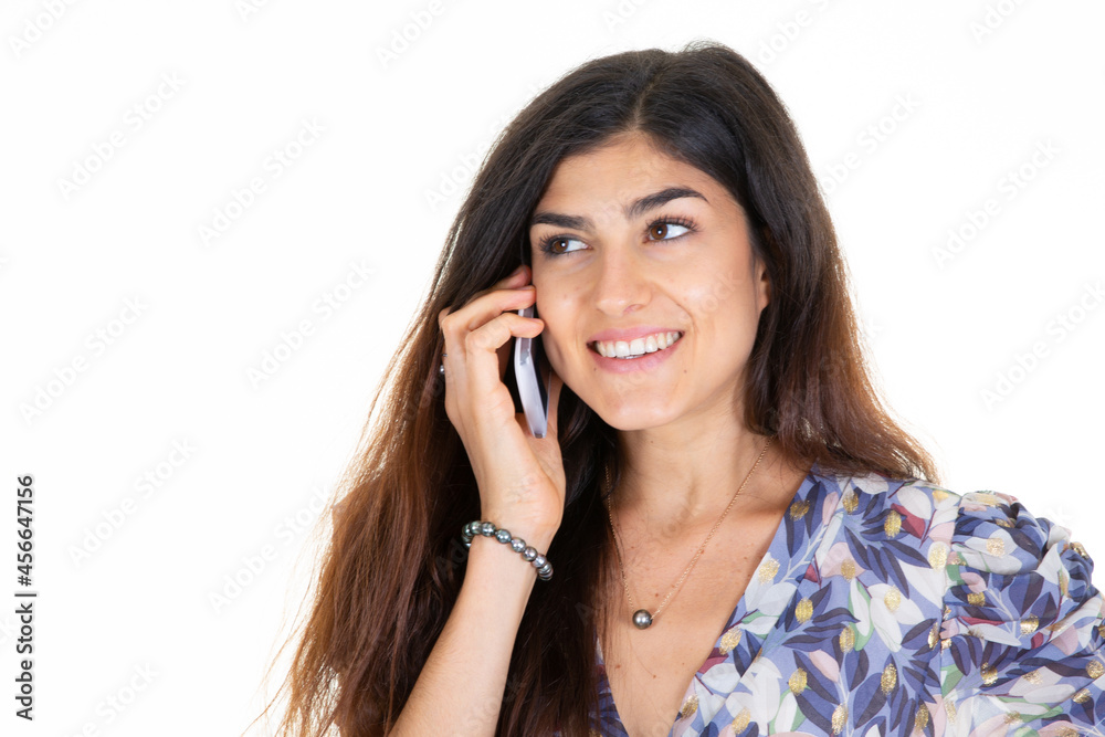 portrait of young happy woman smartphone call talking on cell phone portrait of young happy woman smartphone call talking on cell phone
