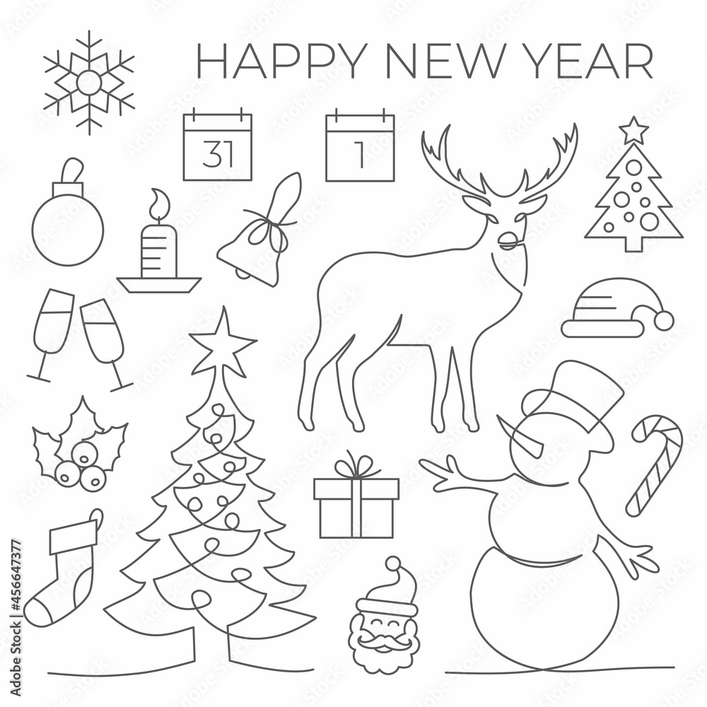 Fototapeta premium New Year set in line style on white background