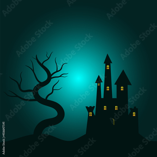 happy Halloween holiday party background with haunted castle on hills and tree cartoon flat style with copy space 