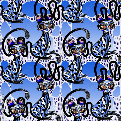 Quirky exotic artistic folk boho contemporary style tropical cat seamless pattern, kitty animal background.