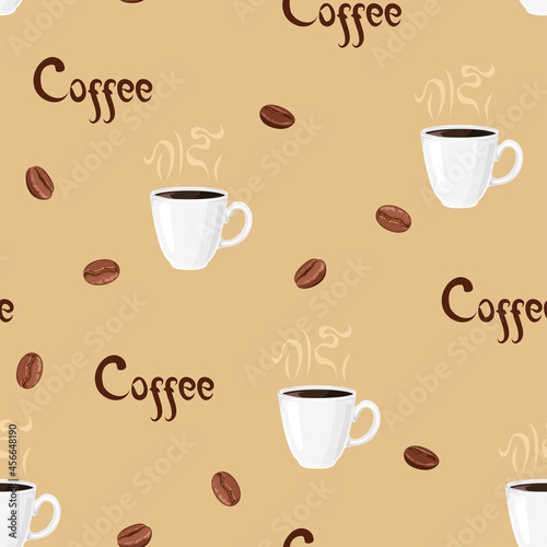 Coffee seamless pattern. White cup with steaming espresso  lettering and coffee beans . Vector cartoon flat illustration  background.