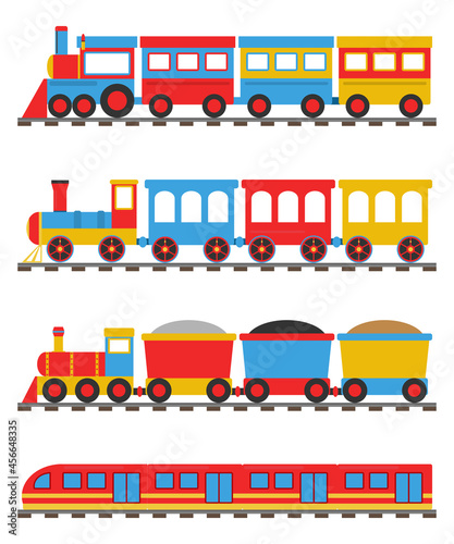 Cartoon trains, set of cartoon passenger and freight trains. Vector, cartoon illustration. Vector.