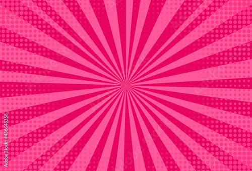 Pop art background. Halftone comic pattern with starburst. Cartoon pink texture with dots. Retro duotone effect. Funny superhero print. Vintage gradient banner. Vector illustration.