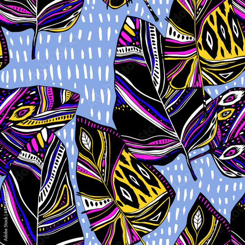 Dynamic folk Boho Hygge contemporary flash style tropical leaves or feathers seamless pattern.