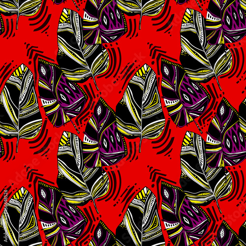 Tropical exotic nature abstract folk style plant leaves or feathers seamless pattern. Modern aesthetic background.