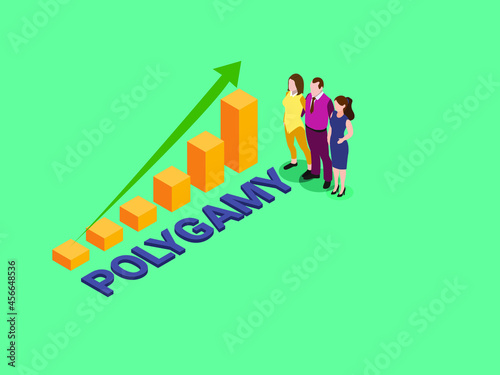 Polygamy vector concept. Young man embracing his two wives while standing together near growing polygamy case chart