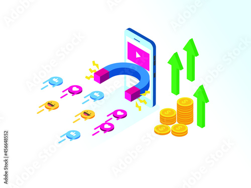 Social media marketing vector concept. Mobile phone using a magnet to attract social media symbol while getting income from many followers