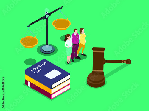 Polygamy vector concept. Young man embracing his two wives while standing with gavel and justice scales background