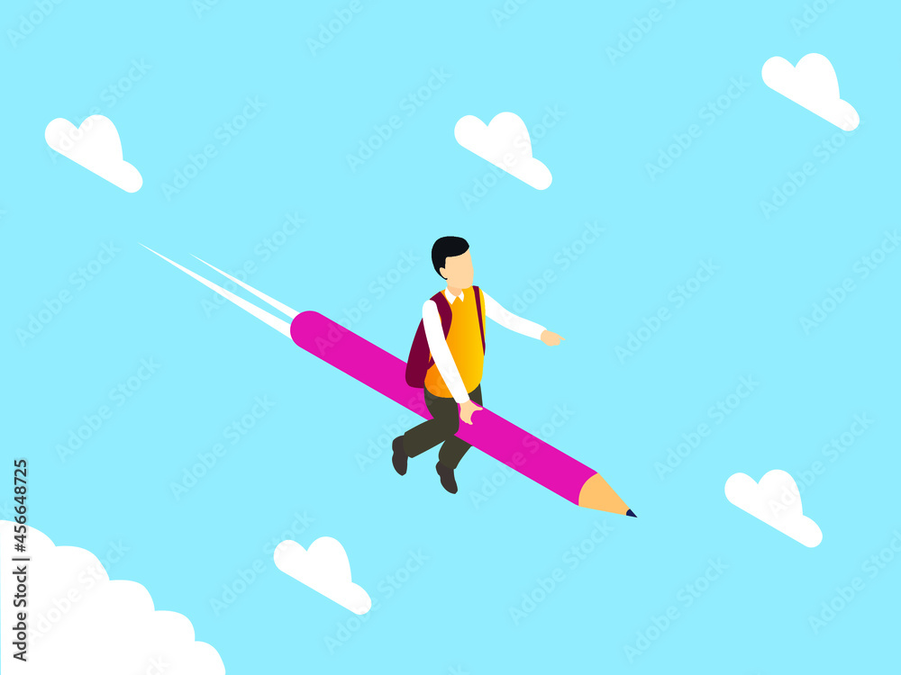 Education vector concept. Little boy flying with a pencil in the blue sky while carrying backpack Education vector concept. Little boy flying with a pencil in the blue sky while carrying backpack