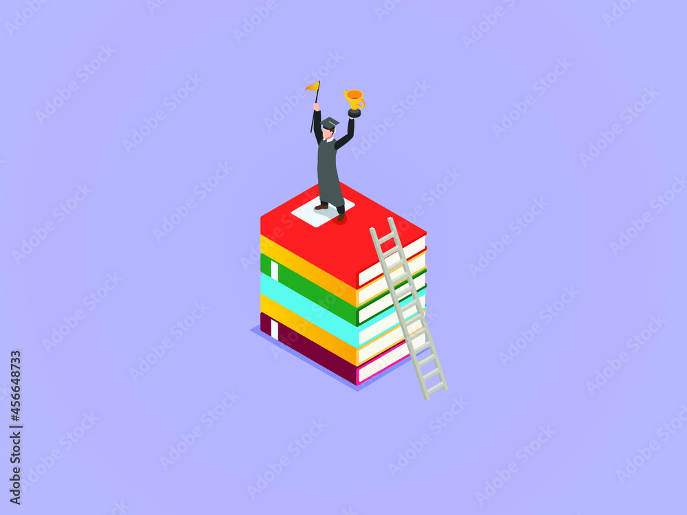 Graduation vector concept. Male college student celebrating his graduation while raising trophy and flag on a pile of books Graduation vector concept. Male college student celebrating his graduation while raising trophy and flag on a pile of books