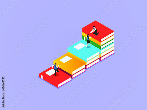 Teamwork vector concept. Male student helping his friends to climbing books shaping stairs