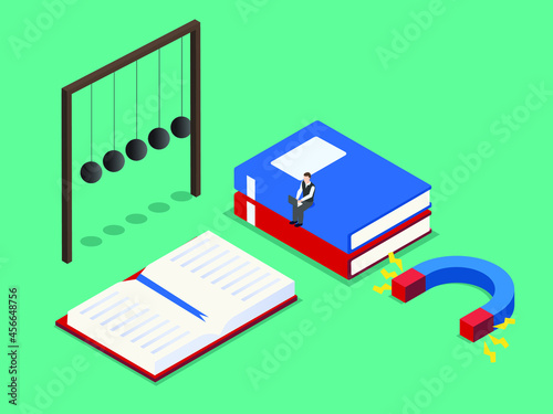 Physics lesson vector concept. Male student sitting on the book while learning physics lesson near pendulum and magnet