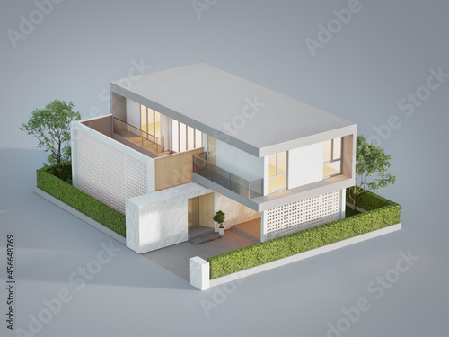 Modern house with garden on white background in real estate sale or property investment concept. Buying land for new home. 3d illustration high angle view of residential building. photo