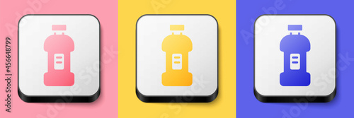 Isometric Plastic bottle for laundry detergent, bleach, dishwashing liquid or another cleaning agent icon isolated on pink, yellow and blue background. Square button. Vector