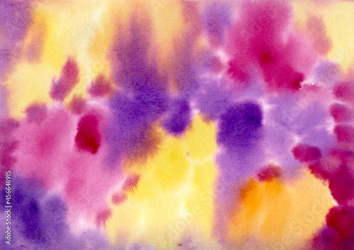 Multicolored watercolor hand drawn abstract Background. Yellow, orange, lilac, violet and purple colorful Spots and Splashes Blobs texture. Multicolor Backdrop of Spot for packaging and web
