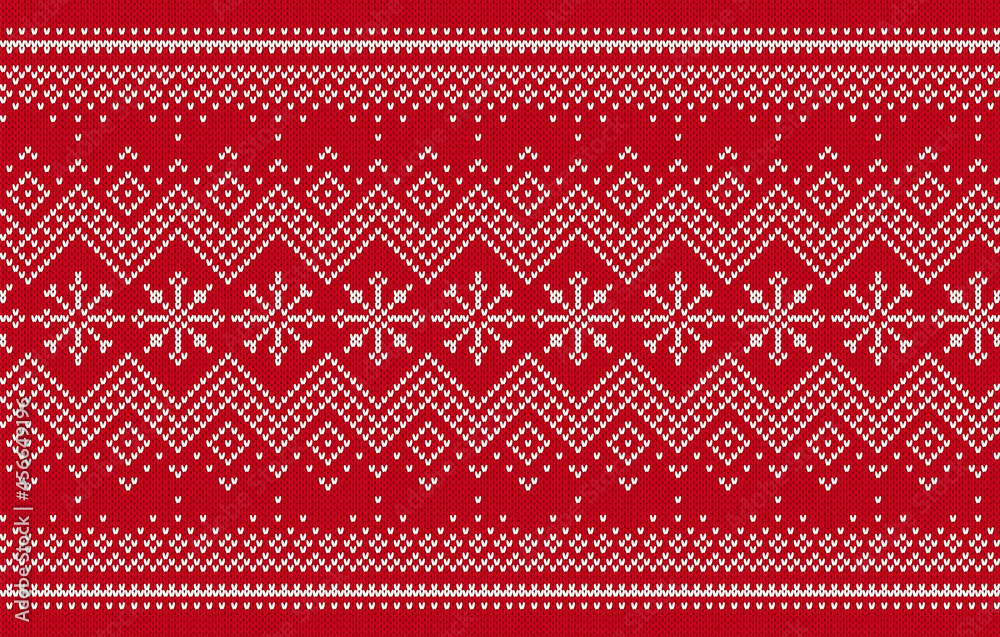Knit print. Christmas seamless pattern. Vector. Red knitted sweater  background. Xmas winter texture with zigzag and snowflkes. Holiday fair  isle traditional ornament. Wool pullover illustration. Stock Vector | Adobe  Stock