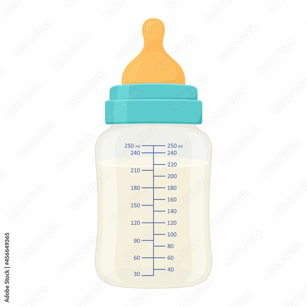 Baby milk bottle. Plastic container with measurements, filled with milk infant formula. Vector flat illustration of filled newborn baby milk bottle with silicone nipple isolated on white background Baby milk bottle. Plastic container with measurements, filled with milk infant formula. Vector flat illustration of filled newborn baby milk bottle with silicone nipple isolated on white background