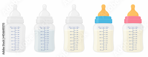 Baby bottle set. Vector flat illustration of filled and empty newborn baby plastic milk bottles with silicone and latex nipples isolated on white background.