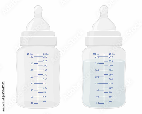 Baby bottle set. Vector flat illustration of filled and empty newborn baby plastic milk bottles with silicone nipples isolated on white background.