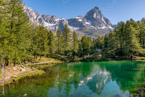 Beautiful view of Lago Blu or Layet lake, Aosta Valley, Italy, in which the Matterhorn is reflected