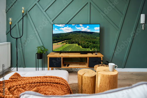 Interior of room with sofa, furnitures and TV set